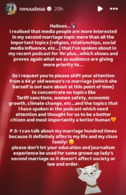 Screengrab of Renu Desai's Instagram stories. Screengrab of Renu Desai's Instagram stories.