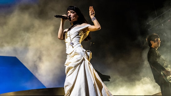 Maria Zardoya of The Marías performs during the first weekend of the Coachella Valley Music and Arts Festival at the Empire Polo Club on Friday, April 11, 2025, in Indio, Calif. The crowd was able to go from the heat of the day into a more comfortable environment thanks to frontwoman María Zardoya's alluring and serene manner.(Photo by Amy Harris/Invision/AP)(Amy Harris/Invision/AP)