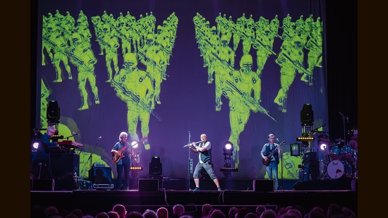 Photography was prohibited at the Helsinki gig, but here’s Ian Anderson, now 77 (at centre), and the band, during the Prog Years tour in 2021. (Nick Harrison / Jethrotull.com)