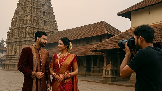 A couple posing for a picture at Udupi's Sri Krishna temple premises (AI-generated image for representation)