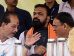 Union Sports Minister Mansukh Mandaviya with Bihar Deputy Chief Ministers Samrat Choudhary and Vijay Sinha during 'Jai Bhim Padyatra' on the eve of 134th birth anniversary of Bharat Ratna Dr. B.R. Ambedkar at Gandhi Maidan in Patna, Bihar, India, Sunday,13, 2025.