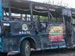 A view of a torched bus following a protest against the Waqf Amendment Act, in Murshidabad on Saturday. A view of a torched bus following a protest against the Waqf Amendment Act, in Murshidabad on Saturday.