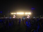 US Senator Bernie Sanders, Independent from Vermont, is seen on giant screens as he speaks on stage during the 2025 Coachella Valley Music and Arts Festival at Empire Polo Club on April 12, 2025 in Indio, California.