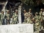 Security forces personnel guard in West Bengal’s Murshidabad district after violence erupted in the area following protests over Waqf Act. (PTI) Security forces personnel guard in West Bengal’s Murshidabad district after violence erupted in the area following protests over Waqf Act. (PTI)