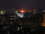 A drone explodes in the sky over the city during a Russian drone strike, amid Russia's attack on Ukraine, in Kyiv, Ukraine April 12, 2025. REUTERS/Gleb Garanich