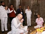 Union Home Minister Amit Shah along with Maharashtra Chief Minister Devendra Fadnavis and State Deputy Chief Ministers Eknath Shinde and Ajit Pawar offers prayers at the Jagdishwar Mahadev temple on Chhatrapati Shivaji Maharaj's 345th death anniversary, at the Raigad Fort in Raigad on Saturday. (AmitShah- X) Union Home Minister Amit Shah along with Maharashtra Chief Minister Devendra Fadnavis and State Deputy Chief Ministers Eknath Shinde and Ajit Pawar offers prayers at the Jagdishwar Mahadev temple on Chhatrapati Shivaji Maharaj's 345th death anniversary, at the Raigad Fort in Raigad on Saturday. (AmitShah- X)