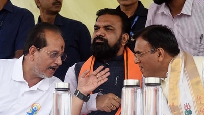 Union Sports Minister Mansukh Mandaviya with Bihar Deputy Chief Ministers Samrat Choudhary and Vijay Sinha during 'Jai Bhim Padyatra' on the eve of 134th birth anniversary of Bharat Ratna Dr. B.R. Ambedkar at Gandhi Maidan in Patna, Bihar, India, Sunday,13, 2025. (Photo by Santosh Kumar/ Hindustan Times)