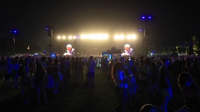 US Senator Bernie Sanders, Independent from Vermont, is seen on giant screens as he speaks on stage during the 2025 Coachella Valley Music and Arts Festival at Empire Polo Club on April 12, 2025 in Indio, California. (AFP) US Senator Bernie Sanders, Independent from Vermont, is seen on giant screens as he speaks on stage during the 2025 Coachella Valley Music and Arts Festival at Empire Polo Club on April 12, 2025 in Indio, California. (AFP)
