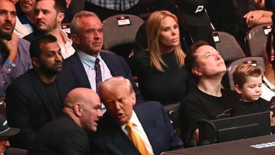 Donald Trump speaks with CEO of Ultimate Fighting Championship Dana White as they sit with FBI Director Kash Patel, US Secretary of Health and Human Services Robert F. Kennedy Jr. and his wife actress Cheryl Hines and Elon Musk and his son X. (AFP) Donald Trump speaks with CEO of Ultimate Fighting Championship Dana White as they sit with FBI Director Kash Patel, US Secretary of Health and Human Services Robert F. Kennedy Jr. and his wife actress Cheryl Hines and Elon Musk and his son X. (AFP)