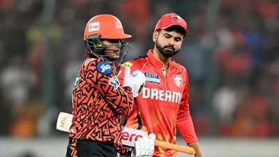 Sunrisers Hyderabad's Abhishek Sharma (L) is congratulated by Punjab Kings' captain Shreyas Iyer for his innings as he walks back to the pavilion after his dismissal (AFP) Sunrisers Hyderabad's Abhishek Sharma (L) is congratulated by Punjab Kings' captain Shreyas Iyer for his innings as he walks back to the pavilion after his dismissal (AFP)
