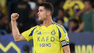 Al Nassr's Portuguese forward #7 Cristiano Ronaldo celebrates after scoring goal. (AFP)