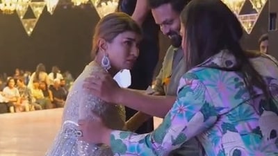 Lakshmi Manchu looked teary-eyed after Manchu Manoj surprised her at an event in Hyderabad. Lakshmi Manchu looked teary-eyed after Manchu Manoj surprised her at an event in Hyderabad.