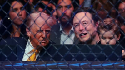 Trump and Elon Musk can seen chit-chatting with each other during UFC 314 at Kaseya Center.&nbsp; (IMAGN IMAGES via Reuters Connect)