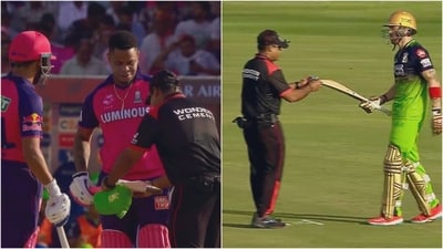 The on-field umpires check Hetmyer and Salt's bats (X) The on-field umpires check Hetmyer and Salt's bats (X)