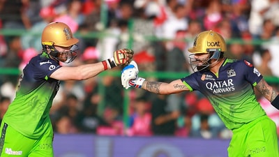 Virat Kohli and Phil Salt bump knuckles during their 92-run partnership which set up a dominant chase for Royal Challengers Bengaluru. (PTI) Virat Kohli and Phil Salt bump knuckles during their 92-run partnership which set up a dominant chase for Royal Challengers Bengaluru. (PTI)