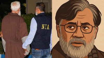 (Left) Tahawwur Hussain Rana was handed over to a team of the National Investigation Agency (NIA) on Wednesday and brought to Delhi on Thursday evening; (right) an illustration of Tahawwur Hussain Rana. (AFP and ChatGPT) (Left) Tahawwur Hussain Rana was handed over to a team of the National Investigation Agency (NIA) on Wednesday and brought to Delhi on Thursday evening; (right) an illustration of Tahawwur Hussain Rana. (AFP and ChatGPT)