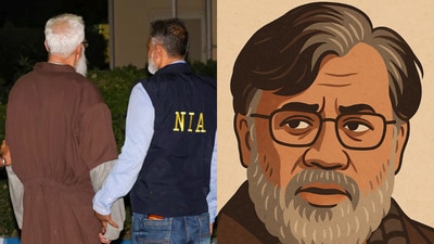 (Left) Tahawwur Hussain Rana was handed over to a team of the National Investigation Agency (NIA) on Wednesday and brought to Delhi on Thursday evening; (right) an illustration of Tahawwur Hussain Rana. (AFP and ChatGPT) (Left) Tahawwur Hussain Rana was handed over to a team of the National Investigation Agency (NIA) on Wednesday and brought to Delhi on Thursday evening; (right) an illustration of Tahawwur Hussain Rana. (AFP and ChatGPT)