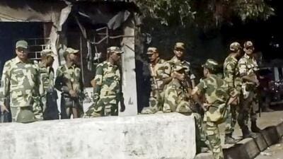 Security forces personnel guard in West Bengal’s Murshidabad district after violence erupted in the area following protests over Waqf Act. (PTI)