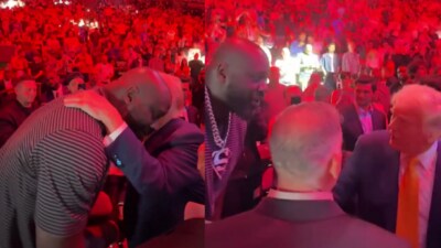 Shaquille O'Neal greeted Donald Trump at UFC 314 (X)