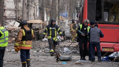 Rescuers attempt to clear the damage in Ukraine after two Russian missiles struck Sumy city. (REUTERS)