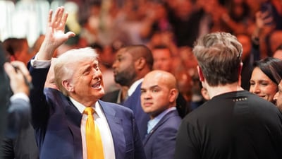 Trump waves as he arrives, ahead of UFC 314 at the Kaseya Center, Miami Florida, U.S, April 12, 2025. REUTERS/Nathan Howard/File Photo (REUTERS)
