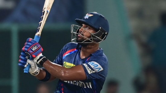 Nicholas Pooran of LSG in action against GT during the IPL match at Atal Bihari Vajpayee Ekana International Cricket Stadium