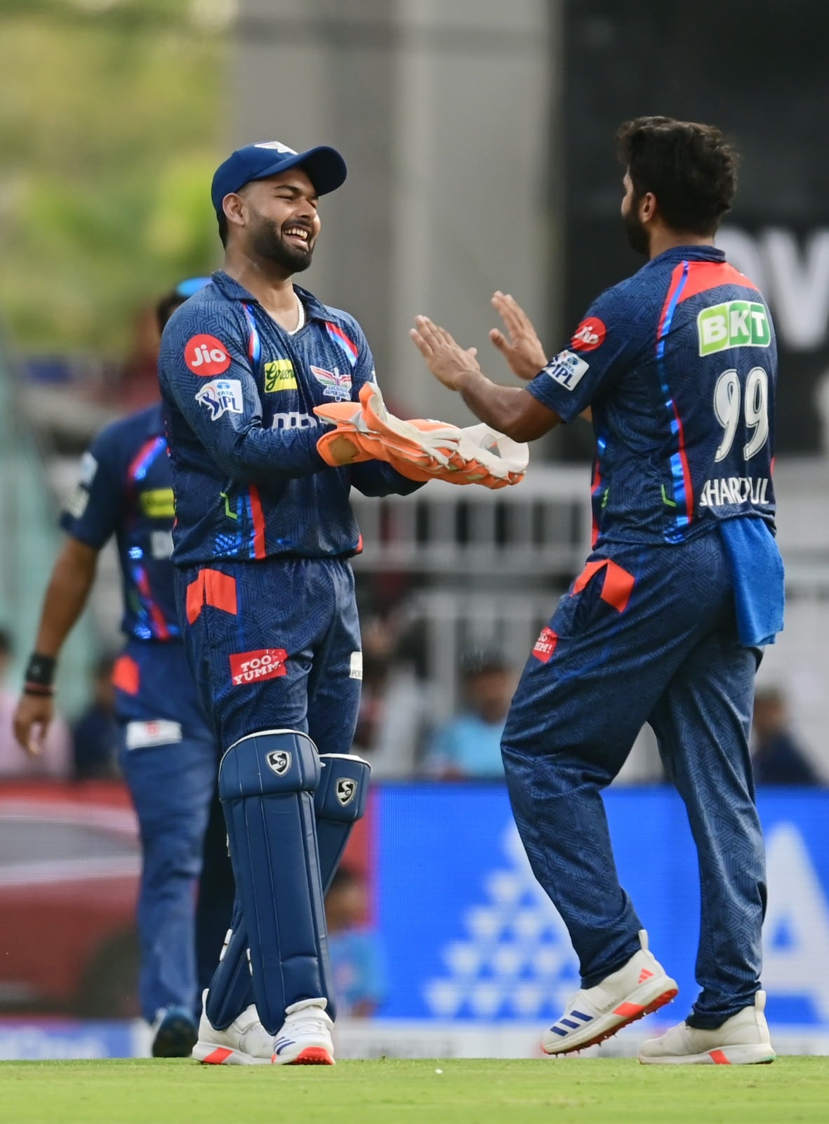 Rishabh Pant and Shardul Thakur celebrating a wicket during the match against Gujarat Titans in Saturday on Lucknow(Photos: Deepak Gupta/HT)