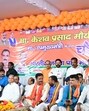 Deputy chief minister Keshav Prasad Maurya speaking at a function held to commemorate the birth anniversary celebrations of Dr BR Ambedkar in Prayagraj on Monday. (Anil Kumar Maurya/HT)