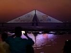 Rajiv Gandhi Sealink(Bandra Worli Sealink) illuminated with Dr Babasaheb Ambedkar Protraist and Indian Parliament , on the eve of Dr Ambedkar Jayanti at Chaityabhoomi, Dadar Chowpahtty, in Mumbai, India, on Sunday, April 13, 2025.