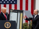 US President Donald Trump holds a chart next to US Secretary of Commerce Howard Lutnick as Trump delivers remarks on tariffs in the Rose Garden at the White House in Washington on April 2.