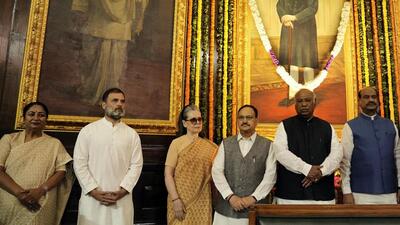 (From left) Delhi chief minister Rekha Gupta, Congress leaders Rahul Gandhi and Sonia Gandhi, Union minister JP Nadda, Congress president Mallikarjun Kharge and Lok Sabha Speaker Om Birla at a ceremony to pay tribute to BR Ambedkar at the Central Hall of Samvidhan Sadan on Monday. (PTI) (From left) Delhi chief minister Rekha Gupta, Congress leaders Rahul Gandhi and Sonia Gandhi, Union minister JP Nadda, Congress president Mallikarjun Kharge and Lok Sabha Speaker Om Birla at a ceremony to pay tribute to BR Ambedkar at the Central Hall of Samvidhan Sadan on Monday. (PTI)