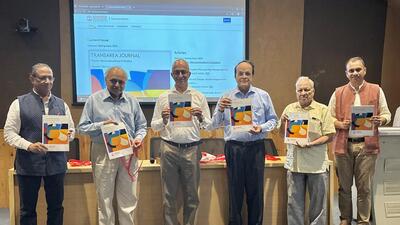 (L-R) Dr Satish Modh, pro-vice chancellor of Somaiya Vidyavihar University; Prof Ganesh Devy; Shri Samir Somaiya, chancellor of Somaiya Vidyavihar University; Prof V N Rajasekharan Pillai; Veteran Journalist Kumar Ketkar; Gaurav Gadgil, chief editor, Transarea.