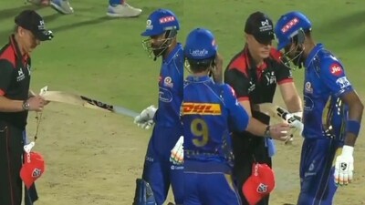 Hardik Pandya's bat was checked by the umpire on Sunday. (Twitter) Hardik Pandya's bat was checked by the umpire on Sunday. (Twitter)