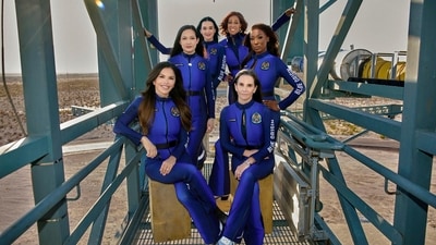 This image provided by Blue Origin shows, first row, seated, from left: Lauren Sanchez and Kerianne Flynn and standing in back from left: Amanda Nguyen, Katy Perry, Gayle King and Aisha Bowe in West Texas. (AP) This image provided by Blue Origin shows, first row, seated, from left: Lauren Sanchez and Kerianne Flynn and standing in back from left: Amanda Nguyen, Katy Perry, Gayle King and Aisha Bowe in West Texas. (AP)