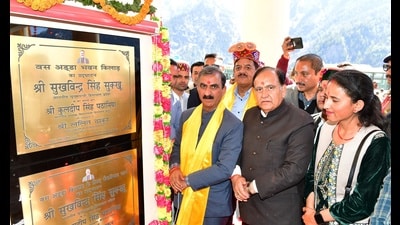 CM Sukhvinder Singh Sukhu lays stone of a project in Pangi valley, Chamba, on Monday (HT Photo)
