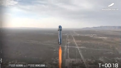 Pop star Katy Perry and journalists Gayle King, Lauren Sanchez, who is also billionaire Jeff Bezos' fiance and other participants, blast off into space on a Blue Origin rocket, as part of the New Shepard Mission NS-31, marking the first all-female flight crew in more than six decades, in West Texas, Texas, U.S. (via REUTERS)