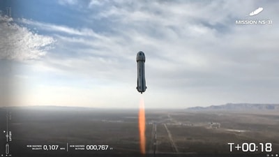 Pop star Katy Perry and journalists Gayle King, Lauren Sanchez, who is also billionaire Jeff Bezos' fiance and other participants, blast off into space on a Blue Origin rocket, as part of the New Shepard Mission NS-31, marking the first all-female flight crew in more than six decades, in West Texas, Texas, U.S.,&nbsp; (via REUTERS)