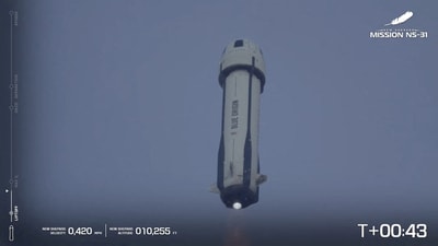 Pop star Katy Perry and journalists Gayle King, Lauren Sanchez, who is also billionaire Jeff Bezos' fiance and other participants, blast off into space on a Blue Origin rocket, as part of the New Shepard Mission NS-31, marking the first all-female flight crew in more than six decades, in West Texas, Texas, U.S., April 14, 2025, in this screen grab taken from a video. (via REUTERS)