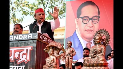 Samajwadi Party chief Akhilesh Yadav speaks during the unveiling ceremony of a statue of B R Ambedkar, in Etawah, Uttar Pradesh, on Saturday. (PTI) Samajwadi Party chief Akhilesh Yadav speaks during the unveiling ceremony of a statue of B R Ambedkar, in Etawah, Uttar Pradesh, on Saturday. (PTI)