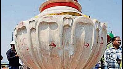 The kalash (sacred pot) placed on the top of the sanctum sanctorum of the Ram temple in Ayodhya on Monday. (SOURCED) The kalash (sacred pot) placed on the top of the sanctum sanctorum of the Ram temple in Ayodhya on Monday. (SOURCED)