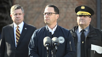 Pennsylvania Gov. Josh Shapiro held a news conference at the governor's official residence. He said that the fire started at their dining room. He, his wife, their kids, their dogs, and other family members who were living at the house were safely evacuated. (AP Photo/Marc Levy) (AP) Pennsylvania Gov. Josh Shapiro held a news conference at the governor's official residence. He said that the fire started at their dining room. He, his wife, their kids, their dogs, and other family members who were living at the house were safely evacuated. (AP Photo/Marc Levy) (AP)