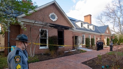 Security guards Pennsylvania Governor's Mansion and Gov. Josh Shapiro's residence after massive blaze. (Photo by Matthew Hatcher / GETTY IMAGES NORTH AMERICA / Getty Images via AFP) (Getty Images via AFP) Security guards Pennsylvania Governor's Mansion and Gov. Josh Shapiro's residence after massive blaze. (Photo by Matthew Hatcher / GETTY IMAGES NORTH AMERICA / Getty Images via AFP) (Getty Images via AFP)
