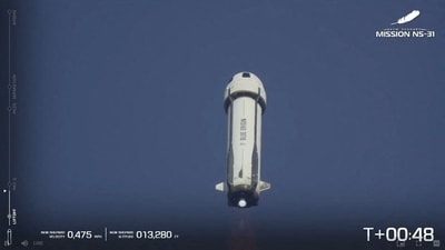 A Blue Origin broadcast shows Blue Origin New Shepard's flight NS-31 lift off from Launch Site One in Van Horn, West Texas, April 14, 2025. (AFP) A Blue Origin broadcast shows Blue Origin New Shepard's flight NS-31 lift off from Launch Site One in Van Horn, West Texas, April 14, 2025. (AFP)