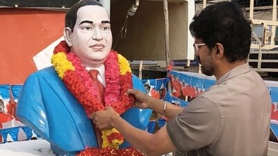 Vijay garlanded an Ambedkar statue in Palavakkam, Chennai on Monday. Vijay garlanded an Ambedkar statue in Palavakkam, Chennai on Monday.