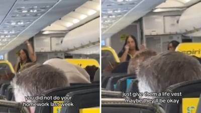 Viral video of a flight attendant's comedic safety briefing amuses passengers. (X/@SomaKazima) Viral video of a flight attendant's comedic safety briefing amuses passengers. (X/@SomaKazima)