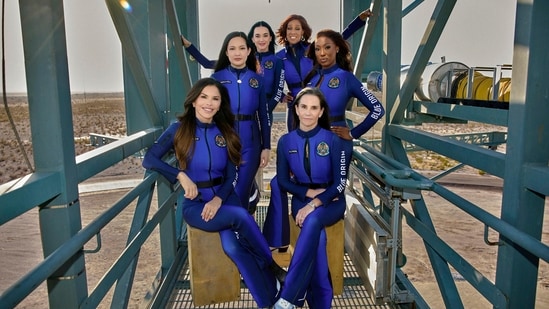 This image provided by Blue Origin shows, first row, seated, from left: Lauren Sanchez and Kerianne Flynn and standing in back from left: Amanda Nguyen, Katy Perry, Gayle King and Aisha Bowe in West Texas. (AP)