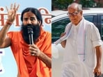 Yoga guru Ramdev (L), Congress leader Digvijay Singh (R).