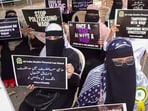 Members of All India Muslim Personal Law Board (AIMPLB) stage a protest against the Waqf (Amendment) Bill, in Vijayawada, Andhra Pradesh, Saturday, March 29, 2025. 