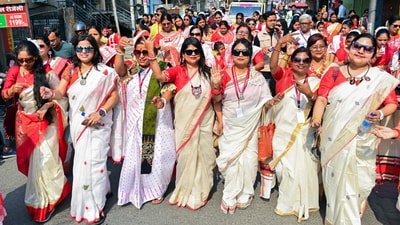 It's more than just a new year for Bengalis in West Bengal, Bangladesh, Tripura, and the Barak Valley of Assam. It is a celebration of culture, customs, and community. In pic: Bengali Kalyan Samiti members participate in 'Prabhat Feri' ahead of 'Poila Baishakh' (Bengali New Year), in Dhanbad. (ANI) It's more than just a new year for Bengalis in West Bengal, Bangladesh, Tripura, and the Barak Valley of Assam. It is a celebration of culture, customs, and community. In pic: Bengali Kalyan Samiti members participate in 'Prabhat Feri' ahead of 'Poila Baishakh' (Bengali New Year), in Dhanbad. (ANI)