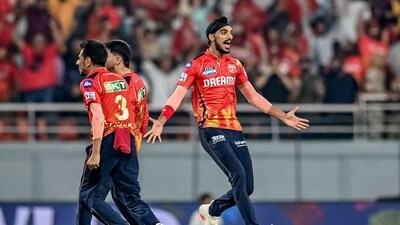 Arshdeep Singh then returne for the 15th over and Vaibhav Arora tried to survive him. He almost succeeded but ended up falling last ball, thus making it a clutch wicket-maiden from Arshdeep. (AFP) Arshdeep Singh then returne for the 15th over and Vaibhav Arora tried to survive him. He almost succeeded but ended up falling last ball, thus making it a clutch wicket-maiden from Arshdeep. (AFP)